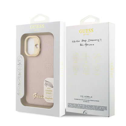 Apple iPhone 16 Kılıf Guess Orjinal Lisanslı M-safe Şarj Özellikli Sıcak Baskılı Yazı Logolu Kamera Standlı PU Deri Peony Kapak Pembe