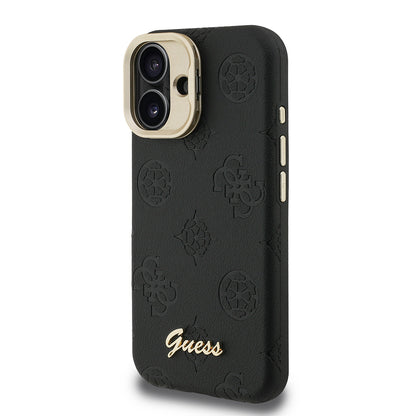 Apple iPhone 16 Kılıf Guess Orjinal Lisanslı M-safe Şarj Özellikli Sıcak Baskılı Yazı Logolu Kamera Standlı PU Deri Peony Kapak Pembe
