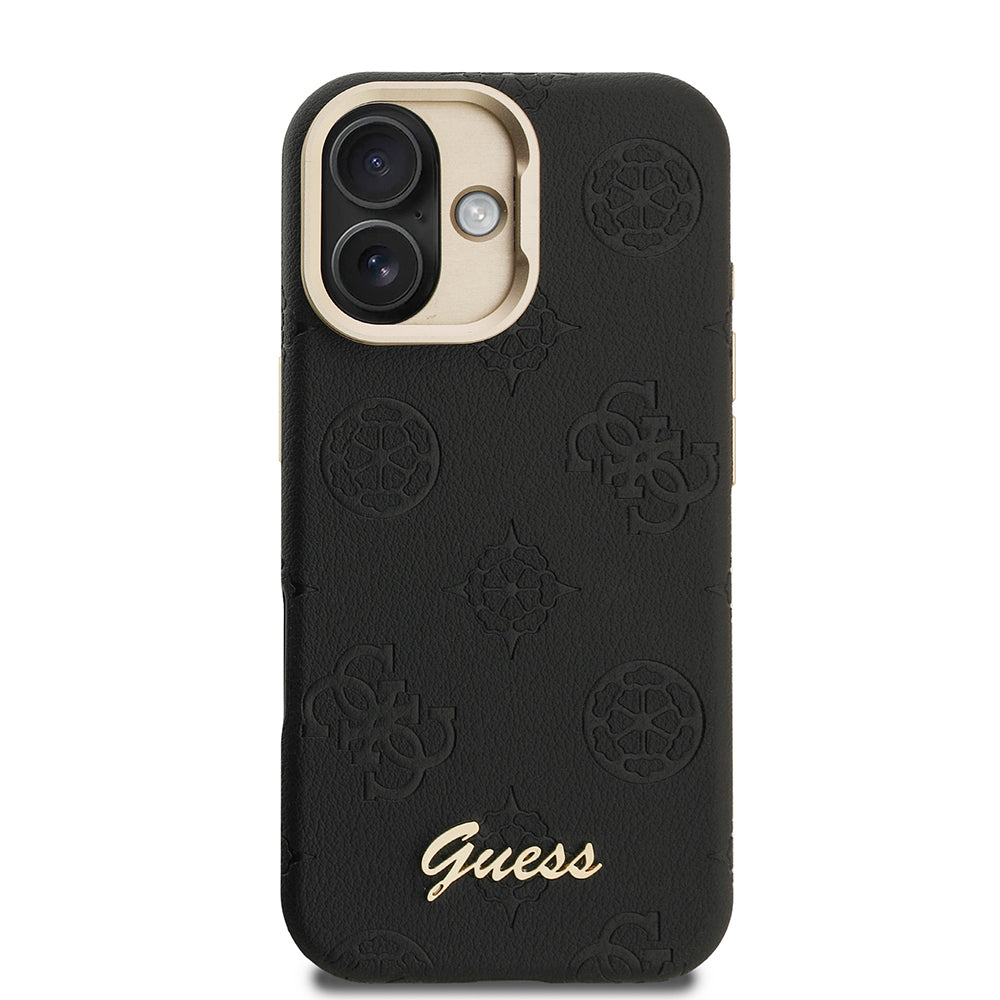 Apple iPhone 16 Kılıf Guess Orjinal Lisanslı M-safe Şarj Özellikli Sıcak Baskılı Yazı Logolu Kamera Standlı PU Deri Peony Kapak Pembe