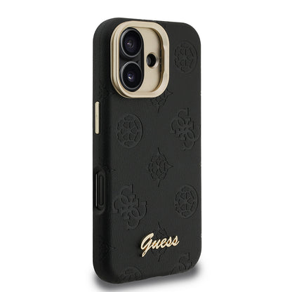 Apple iPhone 16 Kılıf Guess Orjinal Lisanslı M-safe Şarj Özellikli Sıcak Baskılı Yazı Logolu Kamera Standlı PU Deri Peony Kapak Pembe