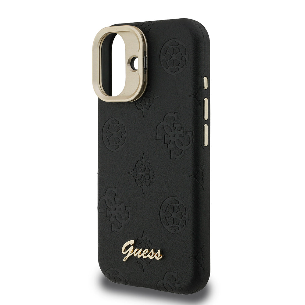 Apple iPhone 16 Kılıf Guess Orjinal Lisanslı M-safe Şarj Özellikli Sıcak Baskılı Yazı Logolu Kamera Standlı PU Deri Peony Kapak Pembe
