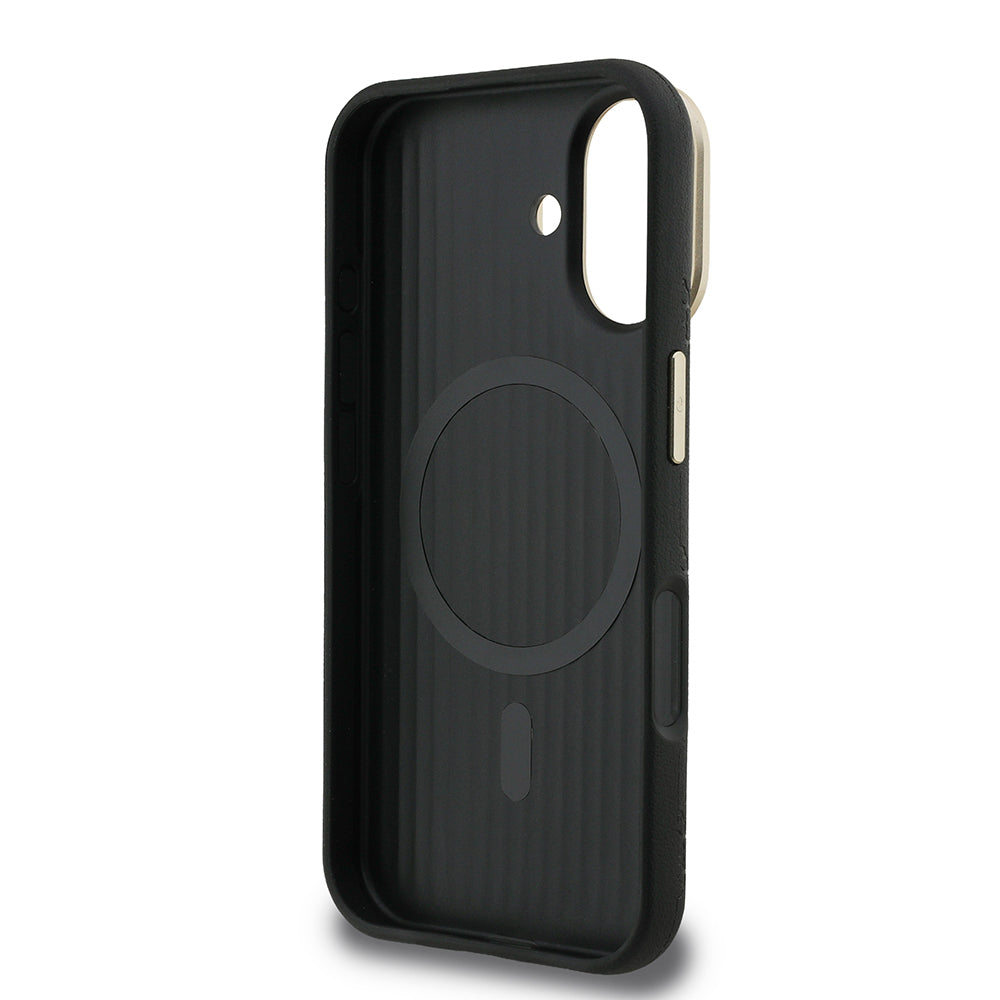 Apple iPhone 16 Kılıf Guess Orjinal Lisanslı M-safe Şarj Özellikli Sıcak Baskılı Yazı Logolu Kamera Standlı PU Deri Peony Kapak Pembe