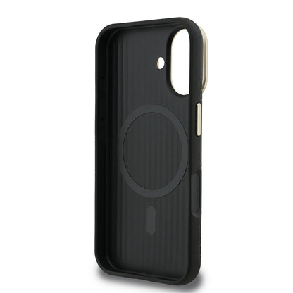 Apple iPhone 16 Kılıf Guess Orjinal Lisanslı M-safe Şarj Özellikli Sıcak Baskılı Yazı Logolu Kamera Standlı PU Deri Peony Kapak Pembe