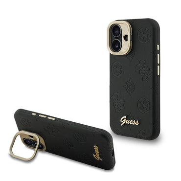 Apple iPhone 16 Kılıf Guess Orjinal Lisanslı M-safe Şarj Özellikli Sıcak Baskılı Yazı Logolu Kamera Standlı PU Deri Peony Kapak
