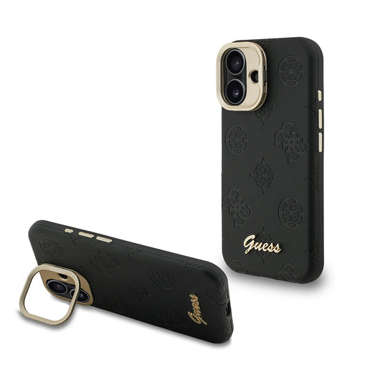 Apple iPhone 16 Kılıf Guess Orjinal Lisanslı M-safe Şarj Özellikli Sıcak Baskılı Yazı Logolu Kamera Standlı PU Deri Peony Kapak Siyah
