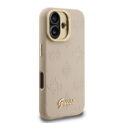 Apple iPhone 16 Kılıf Guess Orjinal Lisanslı M-safe Şarj Özellikli Sıcak Baskılı Yazı Logolu Kamera Standlı PU Deri Peony Kapak Pembe