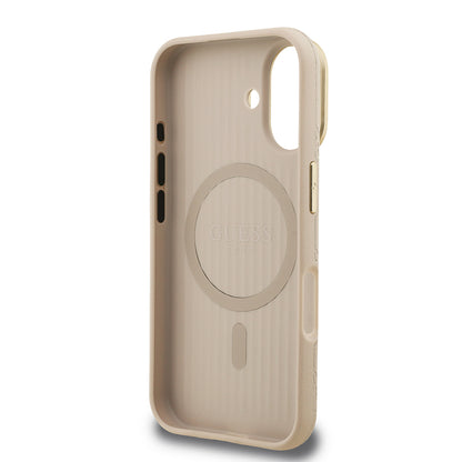 Apple iPhone 16 Kılıf Guess Orjinal Lisanslı M-safe Şarj Özellikli Sıcak Baskılı Yazı Logolu Kamera Standlı PU Deri Peony Kapak Pembe