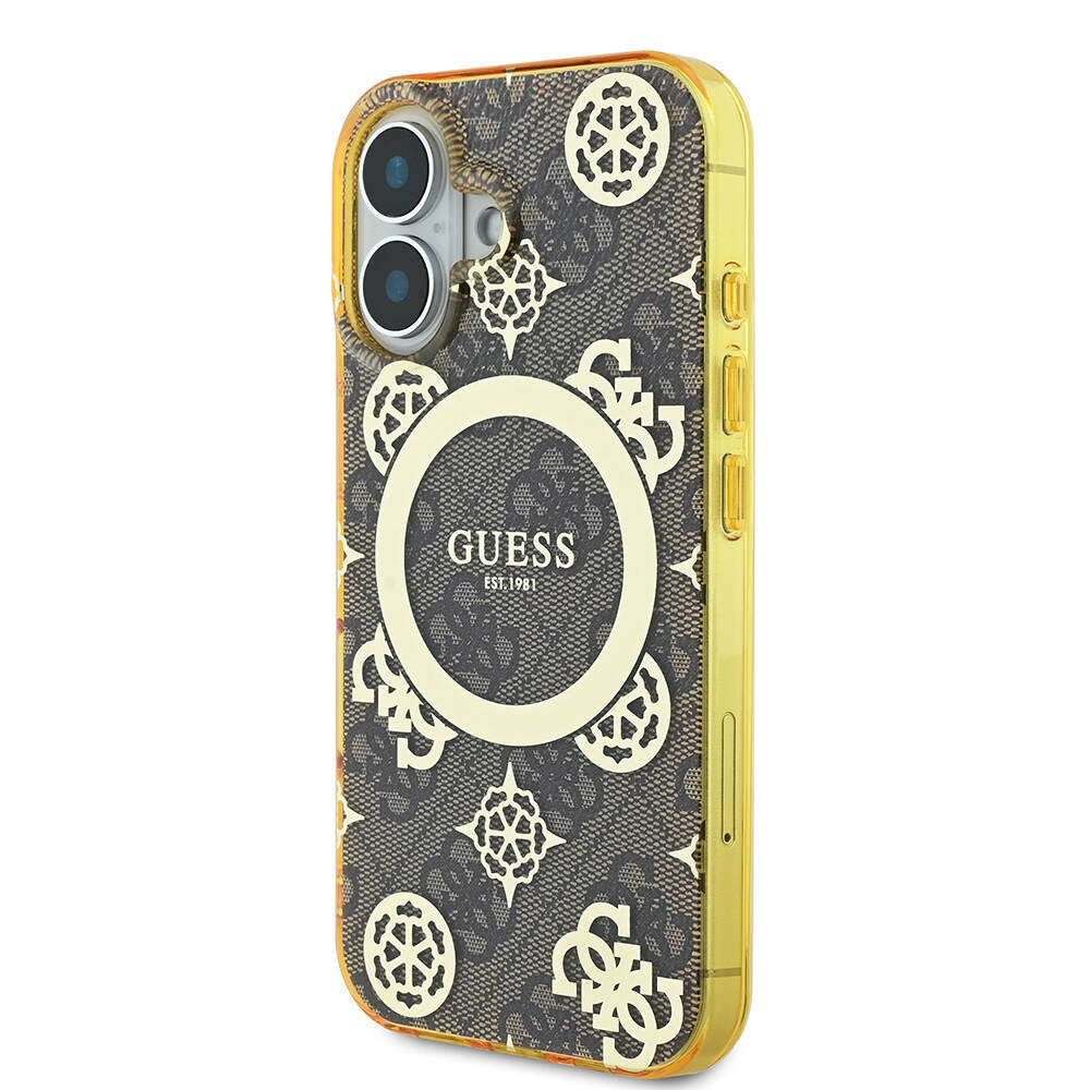 Apple iPhone 16 Case Guess Original Licensed M-safe Charging Feature 4G Patterned IML Text Logo Peony Cover Brown