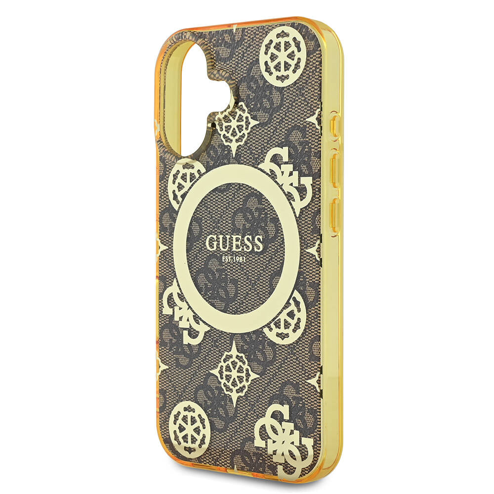 Apple iPhone 16 Case Guess Original Licensed M-safe Charging Feature 4G Patterned IML Text Logo Peony Cover Brown