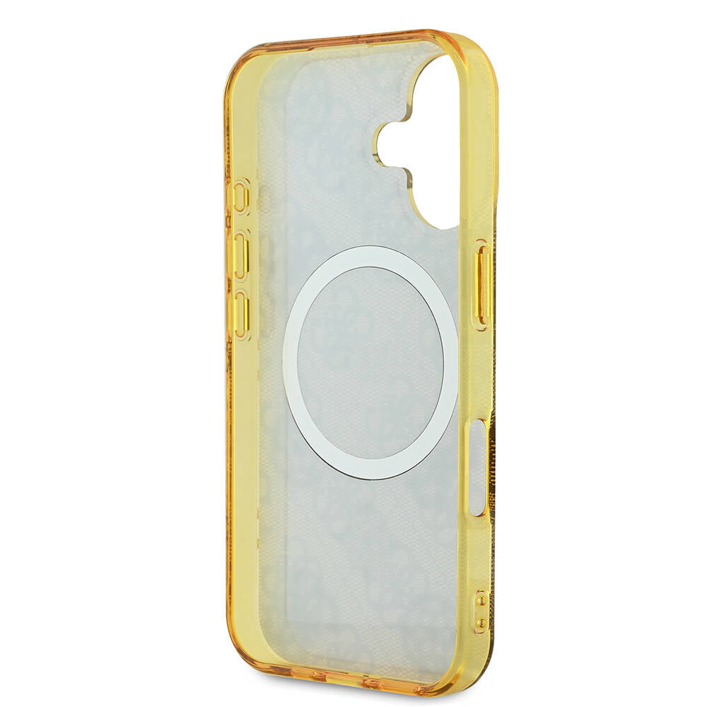 Apple iPhone 16 Case Guess Original Licensed M-safe Charging Feature 4G Patterned IML Text Logo Peony Cover Brown
