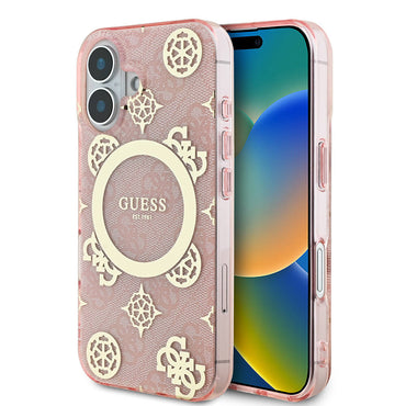 Apple iPhone 16 Case Guess Original Licensed M-safe Charging Feature 4G Patterned IML Text Logo Peony Cover Pink