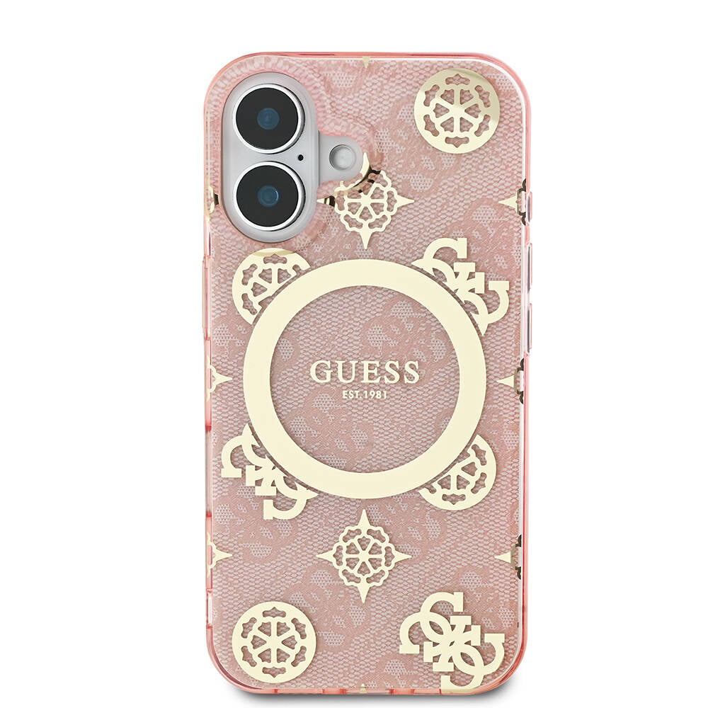 Apple iPhone 16 Case Guess Original Licensed M-safe Charging Feature 4G Patterned IML Text Logo Peony Cover Pink