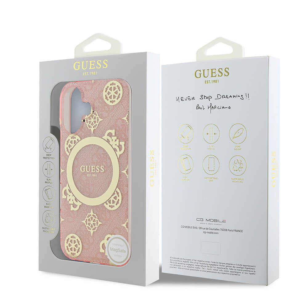 Apple iPhone 16 Case Guess Original Licensed M-safe Charging Feature 4G Patterned IML Text Logo Peony Cover Brown