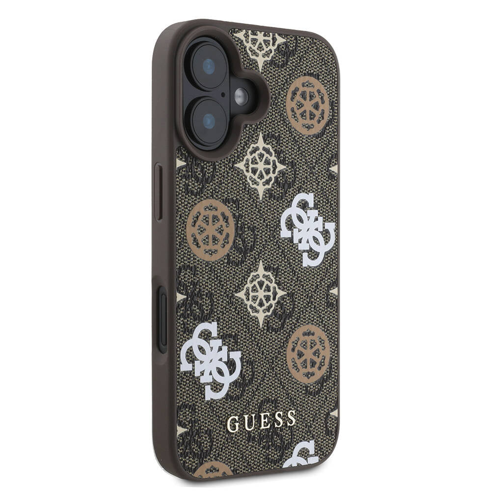 Apple iPhone 16 Case Guess Original Licensed M-safe Charging Feature 4G Patterned Text Logo Peony Cover Brown