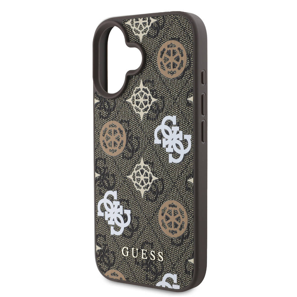 Apple iPhone 16 Case Guess Original Licensed M-safe Charging Feature 4G Patterned Text Logo Peony Cover Brown