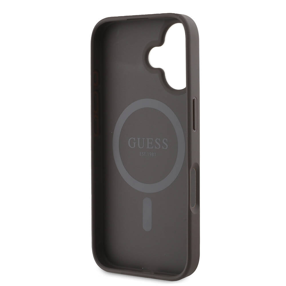 Apple iPhone 16 Case Guess Original Licensed M-safe Charging Feature 4G Patterned Text Logo Peony Cover Brown