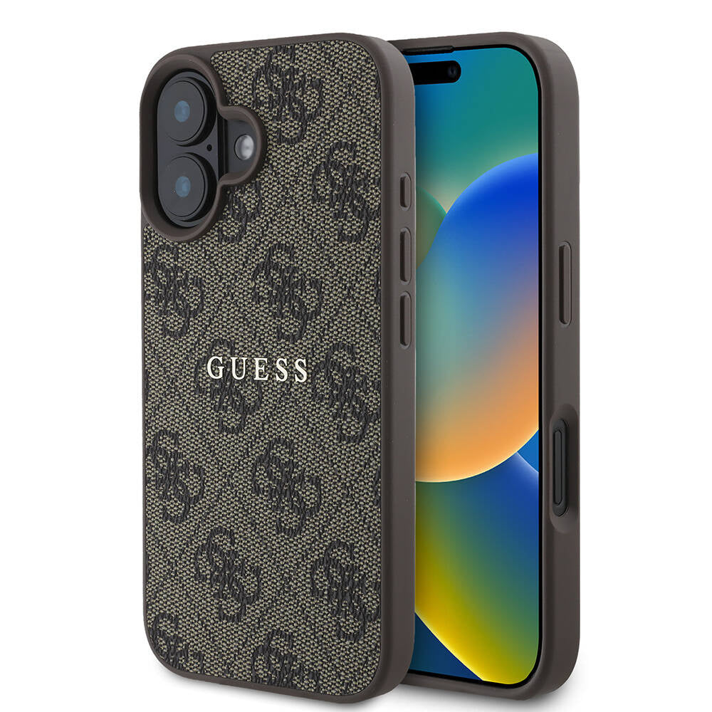 Apple iPhone 16 Case Guess Original Licensed M-safe Charging Feature 4G Patterned Text Logo Cover Brown
