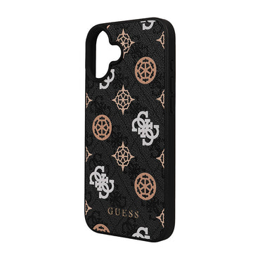 Apple iPhone 16 Case Guess Original Licensed M-safe Charging Feature 4G Patterned Text Logo Peony Cover Black