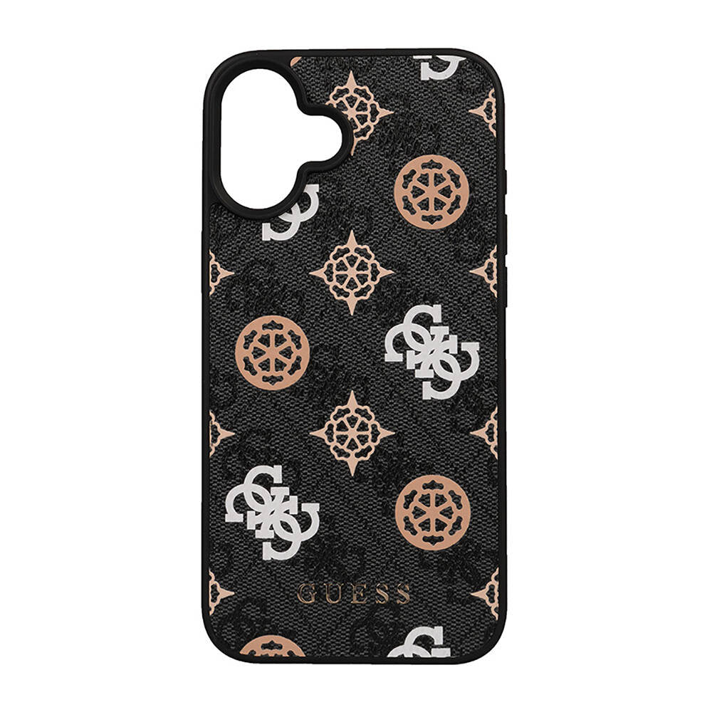 Apple iPhone 16 Case Guess Original Licensed M-safe Charging Feature 4G Patterned Text Logo Peony Cover Black