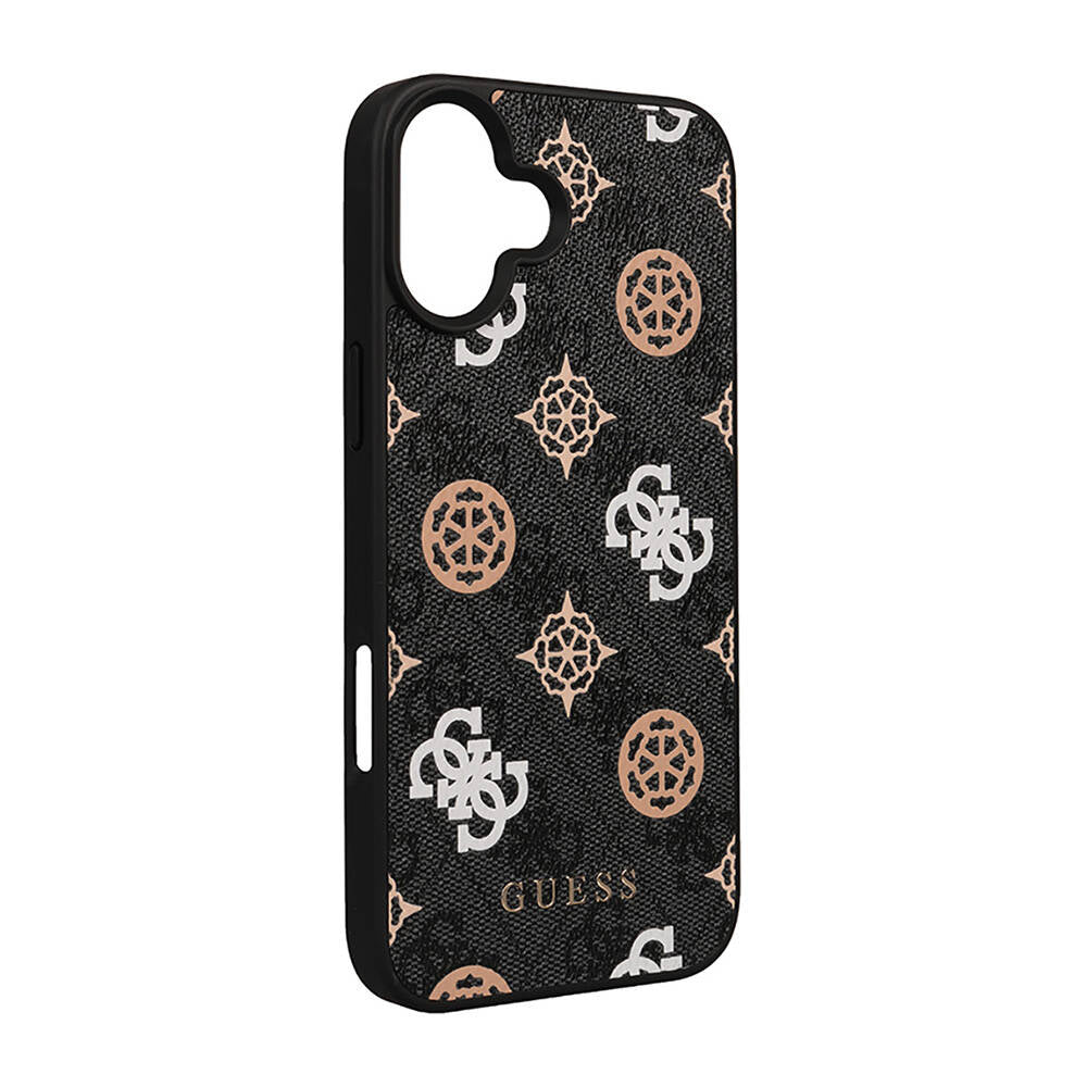 Apple iPhone 16 Case Guess Original Licensed M-safe Charging Feature 4G Patterned Text Logo Peony Cover Black
