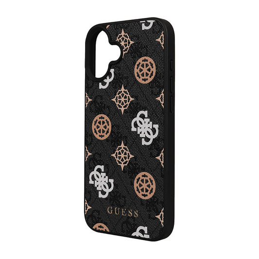 Apple iPhone 16 Case Guess Original Licensed M-safe Charging Feature 4G Patterned Text Logo Peony Cover Black