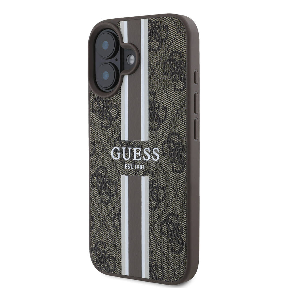 Apple iPhone 16 Case Guess Original Licensed M-safe Charging Feature 4G Stripe Design Printed Cover Black