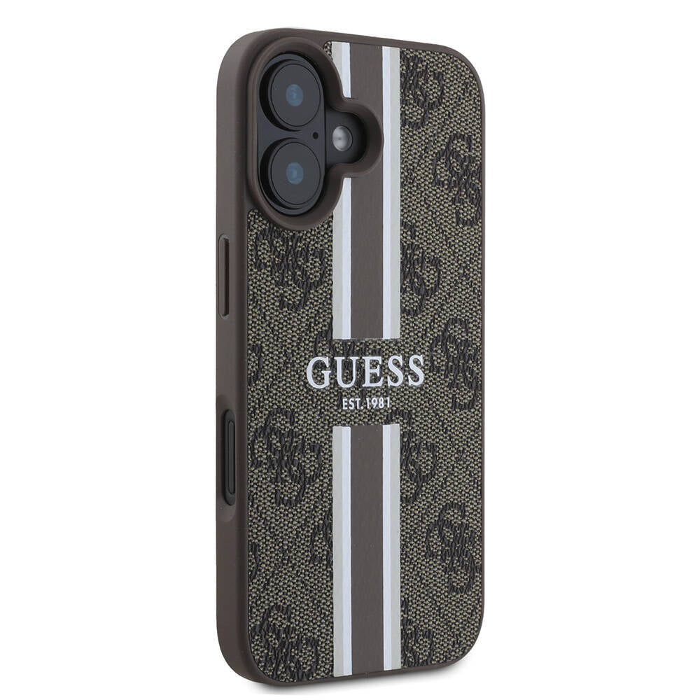 Apple iPhone 16 Case Guess Original Licensed M-safe Charging Feature 4G Stripe Design Printed Cover Black