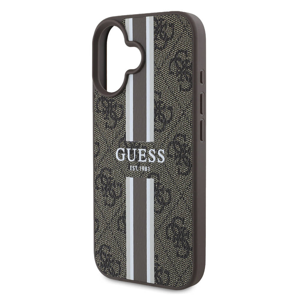 Apple iPhone 16 Case Guess Original Licensed M-safe Charging Feature 4G Stripe Design Printed Cover Black
