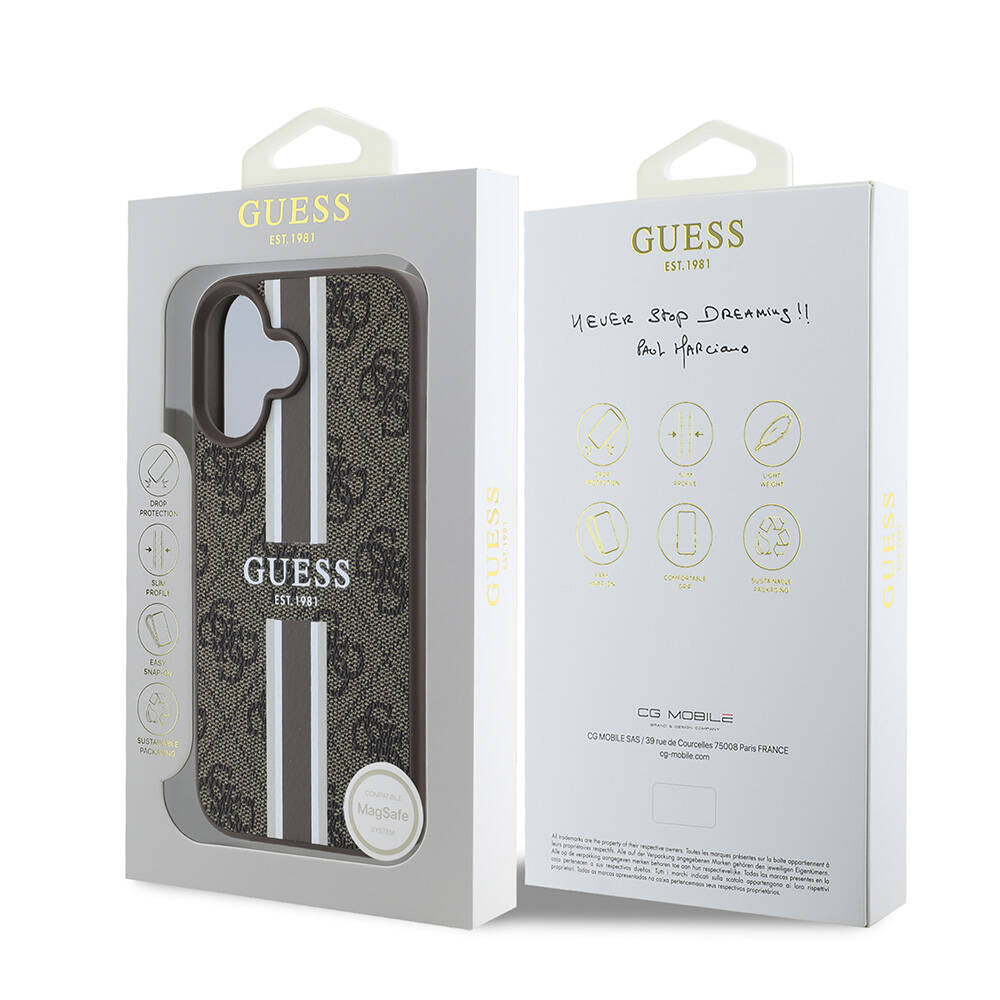 Apple iPhone 16 Case Guess Original Licensed M-safe Charging Feature 4G Stripe Design Printed Cover Black