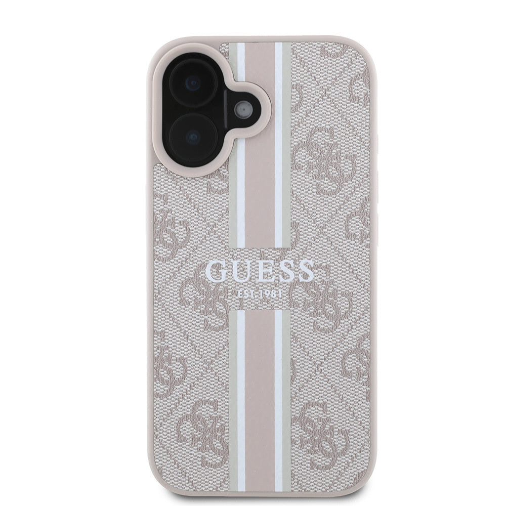 Apple iPhone 16 Case Guess Original Licensed M-safe Charging Feature 4G Stripe Design Printed Cover Black