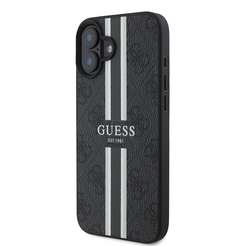 Apple iPhone 16 Case Guess Original Licensed M-safe Charging Feature 4G Stripe Design Printed Cover Black