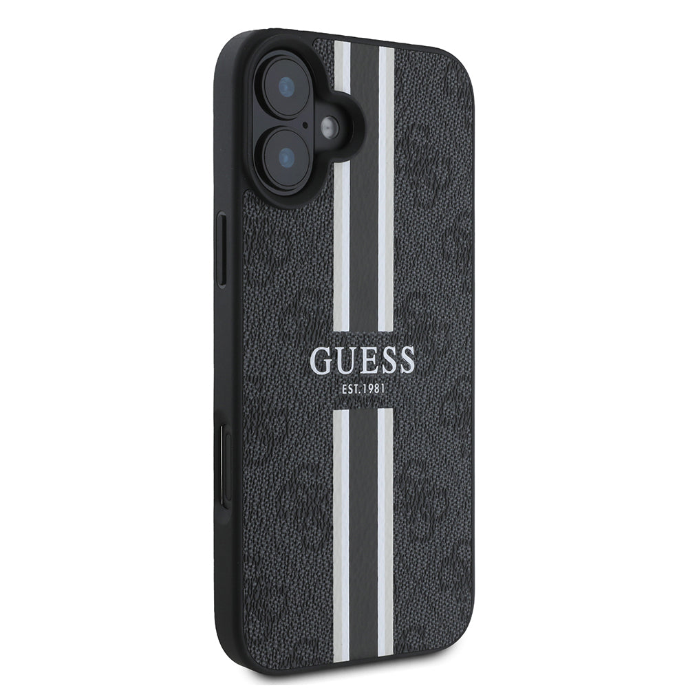 Apple iPhone 16 Case Guess Original Licensed M-safe Charging Feature 4G Stripe Design Printed Cover Black