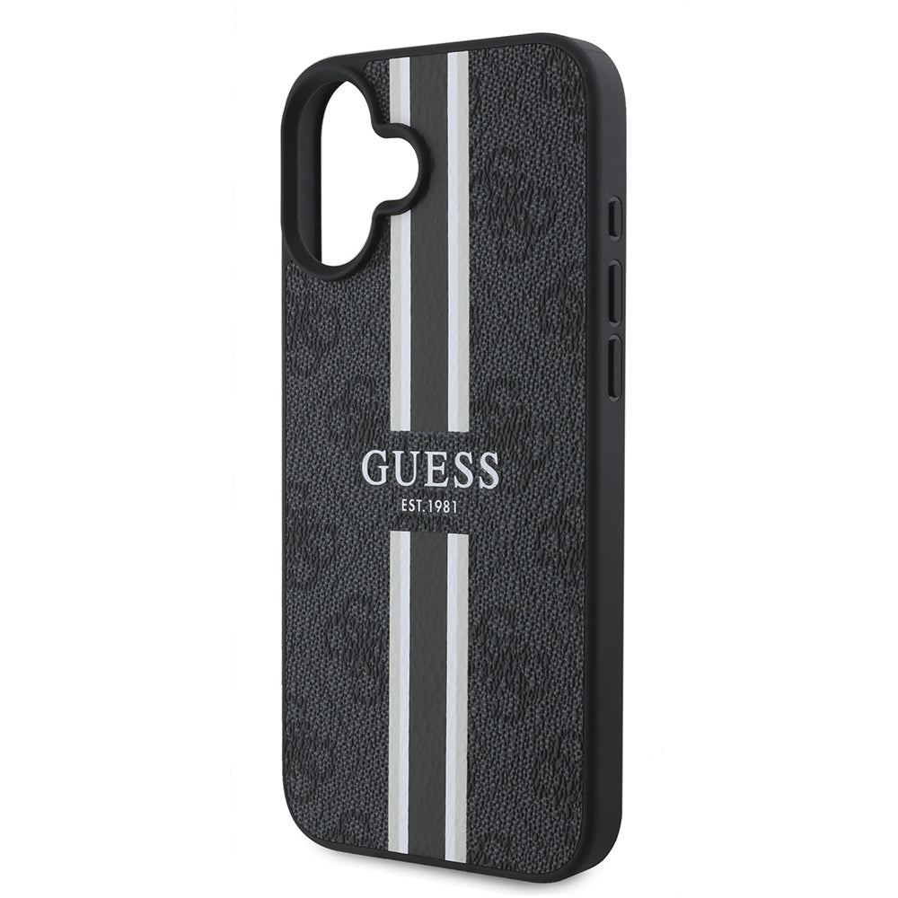 Apple iPhone 16 Case Guess Original Licensed M-safe Charging Feature 4G Stripe Design Printed Cover Black