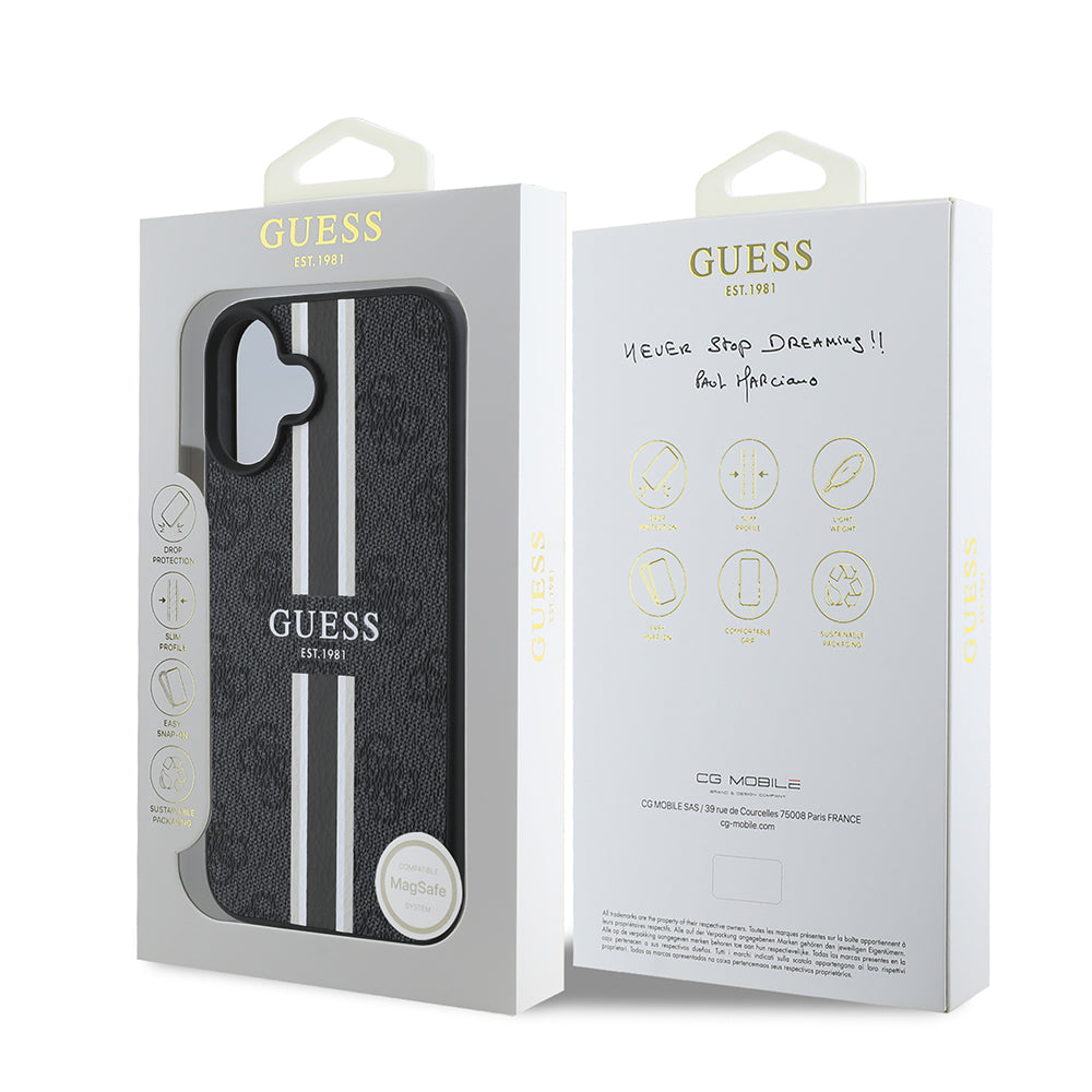 Apple iPhone 16 Case Guess Original Licensed M-safe Charging Feature 4G Stripe Design Printed Cover Black