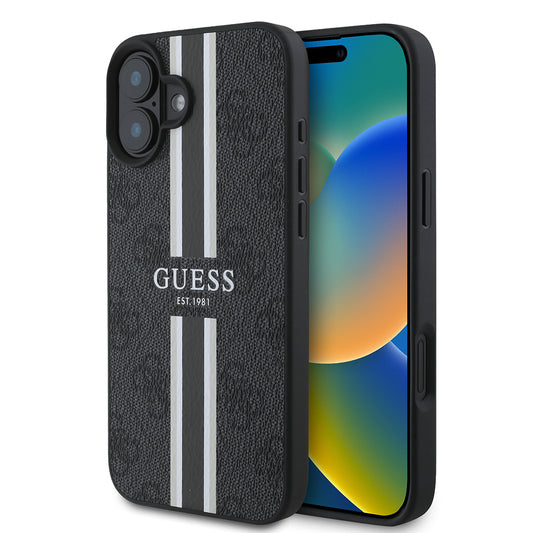 Apple iPhone 16 Case Guess Original Licensed M-safe Charging Feature 4G Stripe Design Printed Cover Black