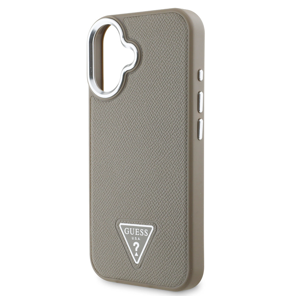 Apple iPhone 16 Case Guess Original Licensed M-safe Charging Feature Grained Triangle Cover Brown