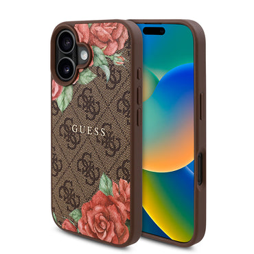 Apple iPhone 16 Case Guess Original Licensed M-safe Charging Feature Rose Printed 4G Patterned Text Logo Cover Black