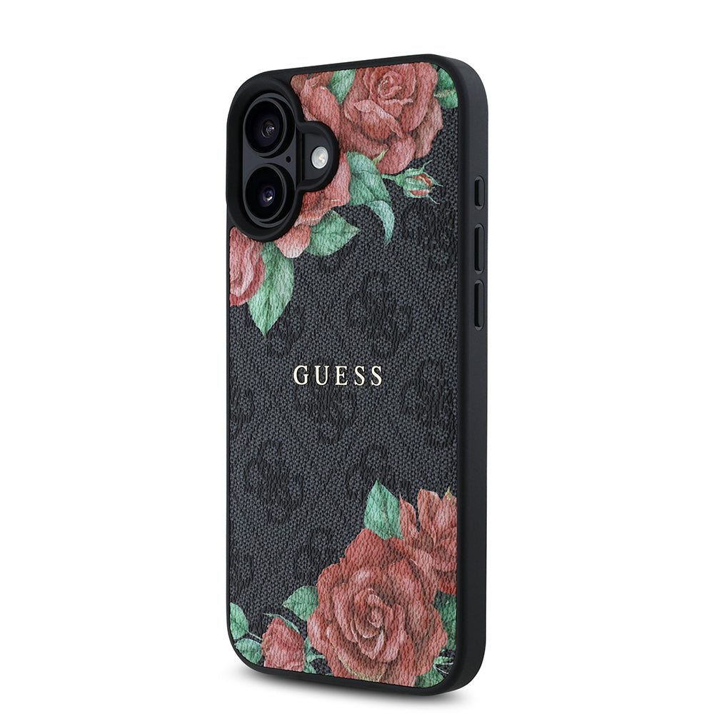 Apple iPhone 16 Case Guess Original Licensed M-safe Charging Feature Rose Printed 4G Patterned Text Logo Cover Black