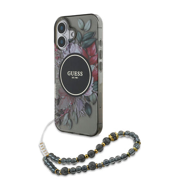 Apple iPhone 16 Case Guess Original Licensed M-Safe Charging Feature IML Printed Flower Pearl Bracelet Cover Green