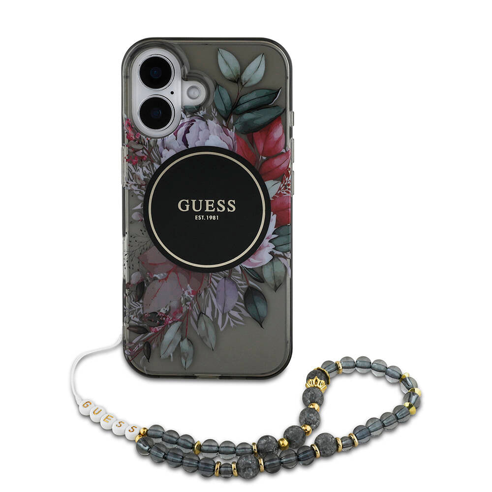 Apple iPhone 16 Case Guess Original Licensed M-Safe Charging Feature IML Printed Flower Pearl Bracelet Cover Purple