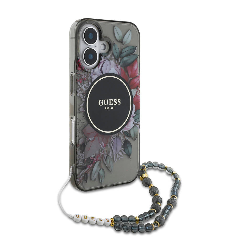 Apple iPhone 16 Case Guess Original Licensed M-Safe Charging Feature IML Printed Flower Pearl Bracelet Cover Green
