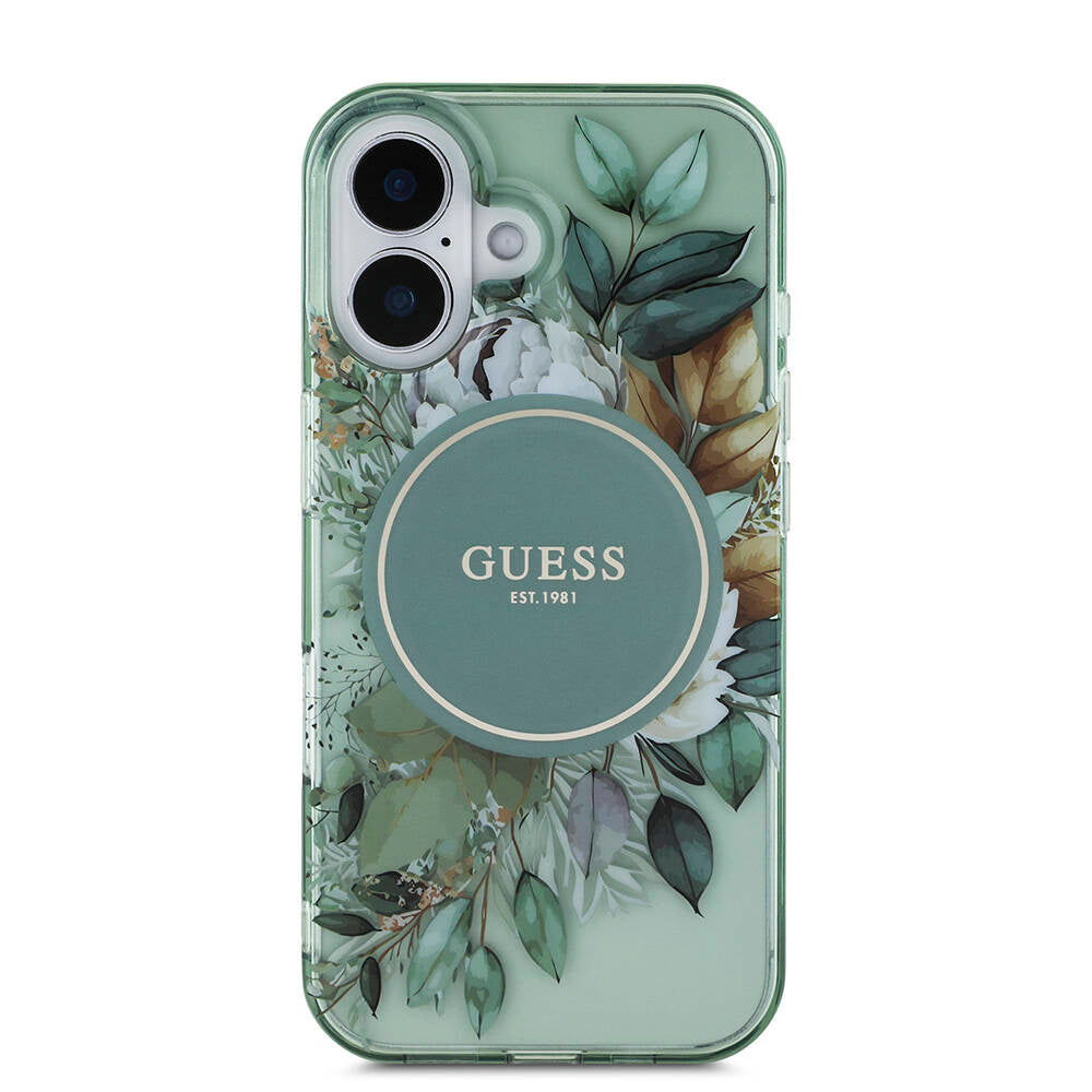 Apple iPhone 16 Case Guess Original Licensed M-Safe Charging Feature IML Printed Flower Pearl Bracelet Cover Purple