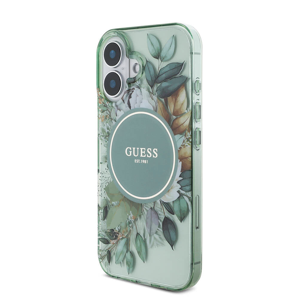 Apple iPhone 16 Case Guess Original Licensed M-Safe Charging Feature IML Printed Flower Pearl Bracelet Cover Black
