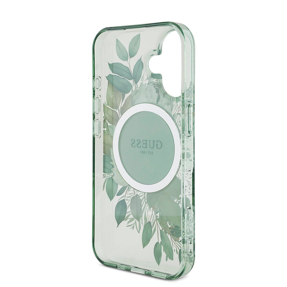 Apple iPhone 16 Case Guess Original Licensed M-Safe Charging Feature IML Printed Flower Pearl Bracelet Cover Green