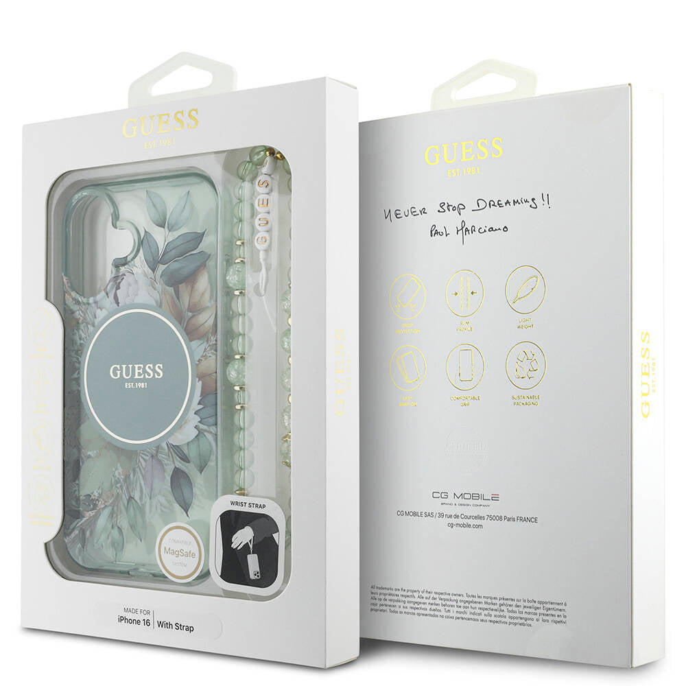 Apple iPhone 16 Case Guess Original Licensed M-Safe Charging Feature IML Printed Flower Pearl Bracelet Cover Black
