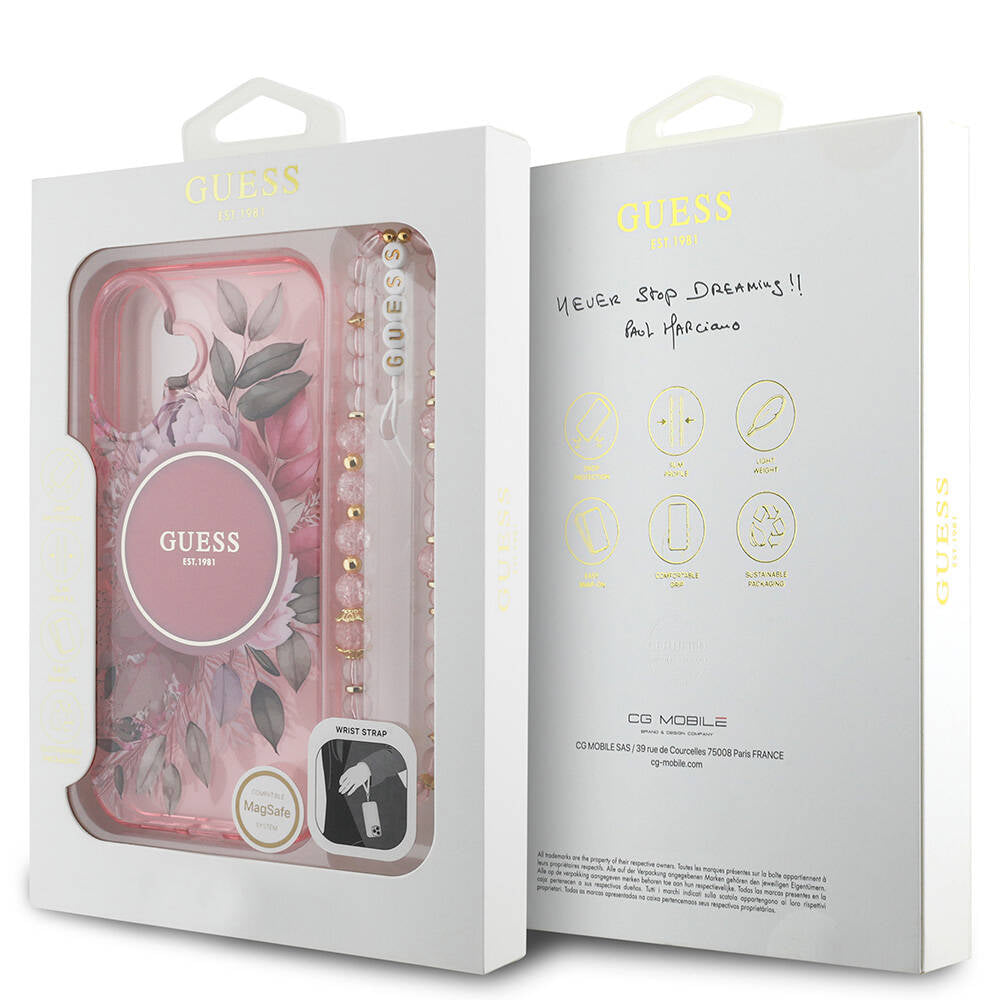 Apple iPhone 16 Case Guess Original Licensed M-Safe Charging Feature IML Printed Flower Pearl Bracelet Cover Purple