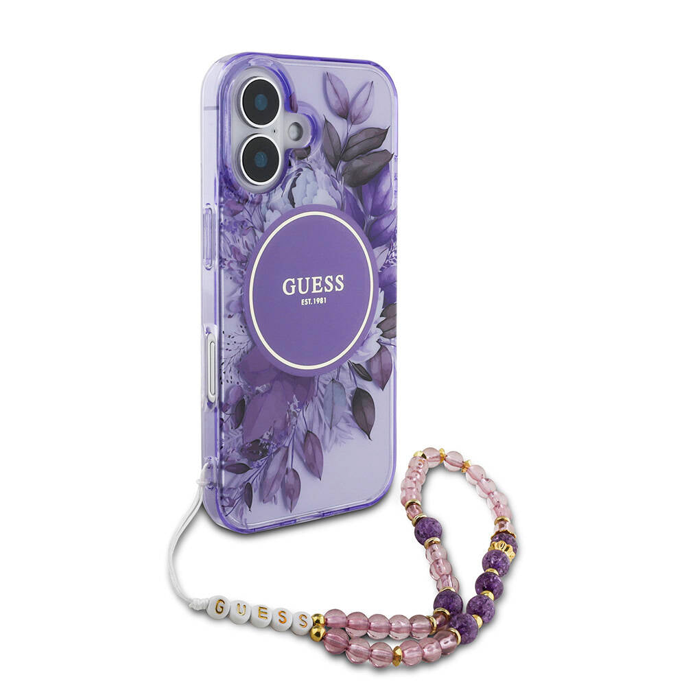 Apple iPhone 16 Case Guess Original Licensed M-safe Charging Feature IML Printed Flower Pearl Bracelet Cover Pink