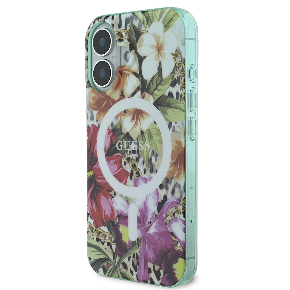 Apple iPhone 16 Case Guess Original Licensed M-safe Charging Feature IML Printed Jungle Ring Cover Green