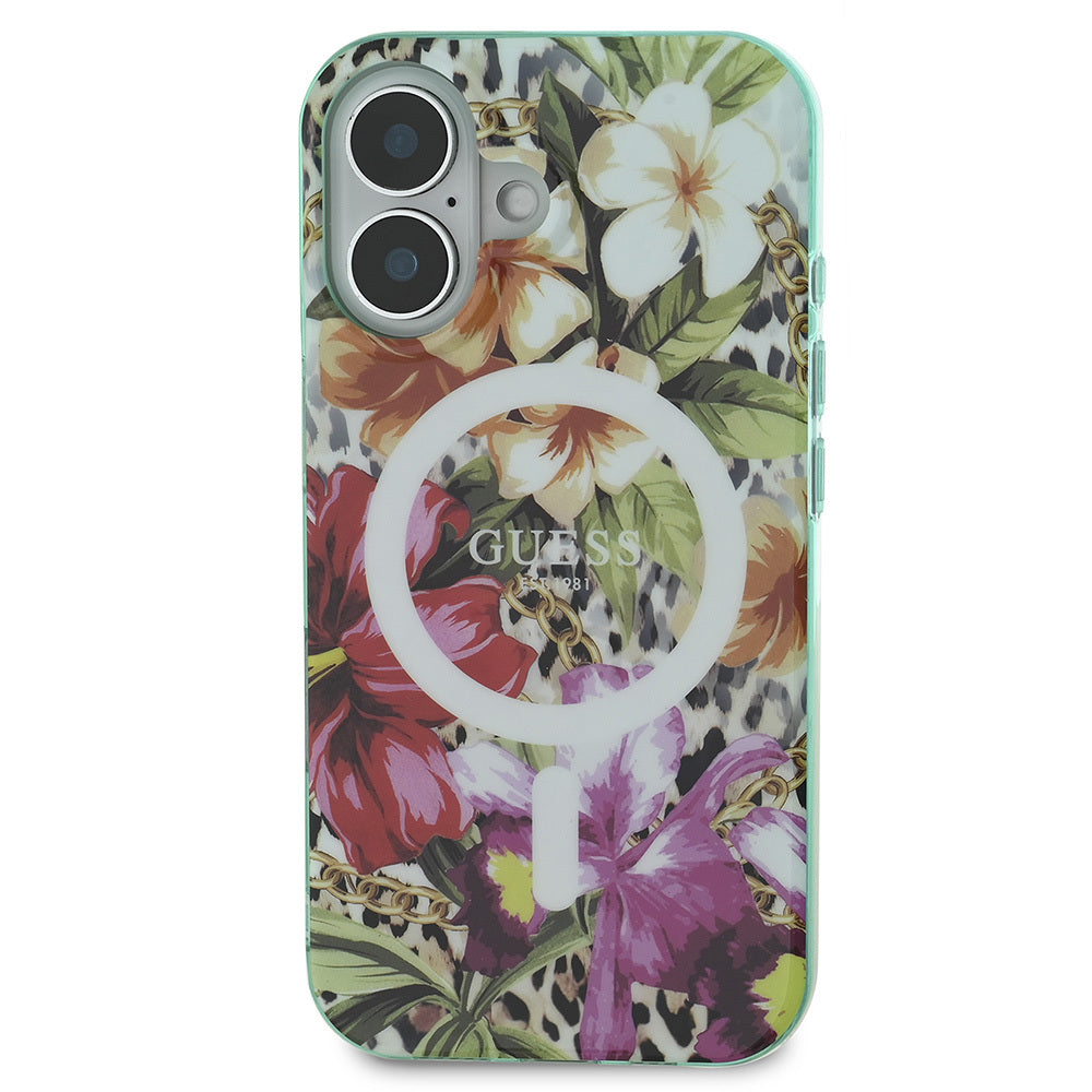 Apple iPhone 16 Case Guess Original Licensed M-safe Charging Feature IML Printed Jungle Ring Cover Green