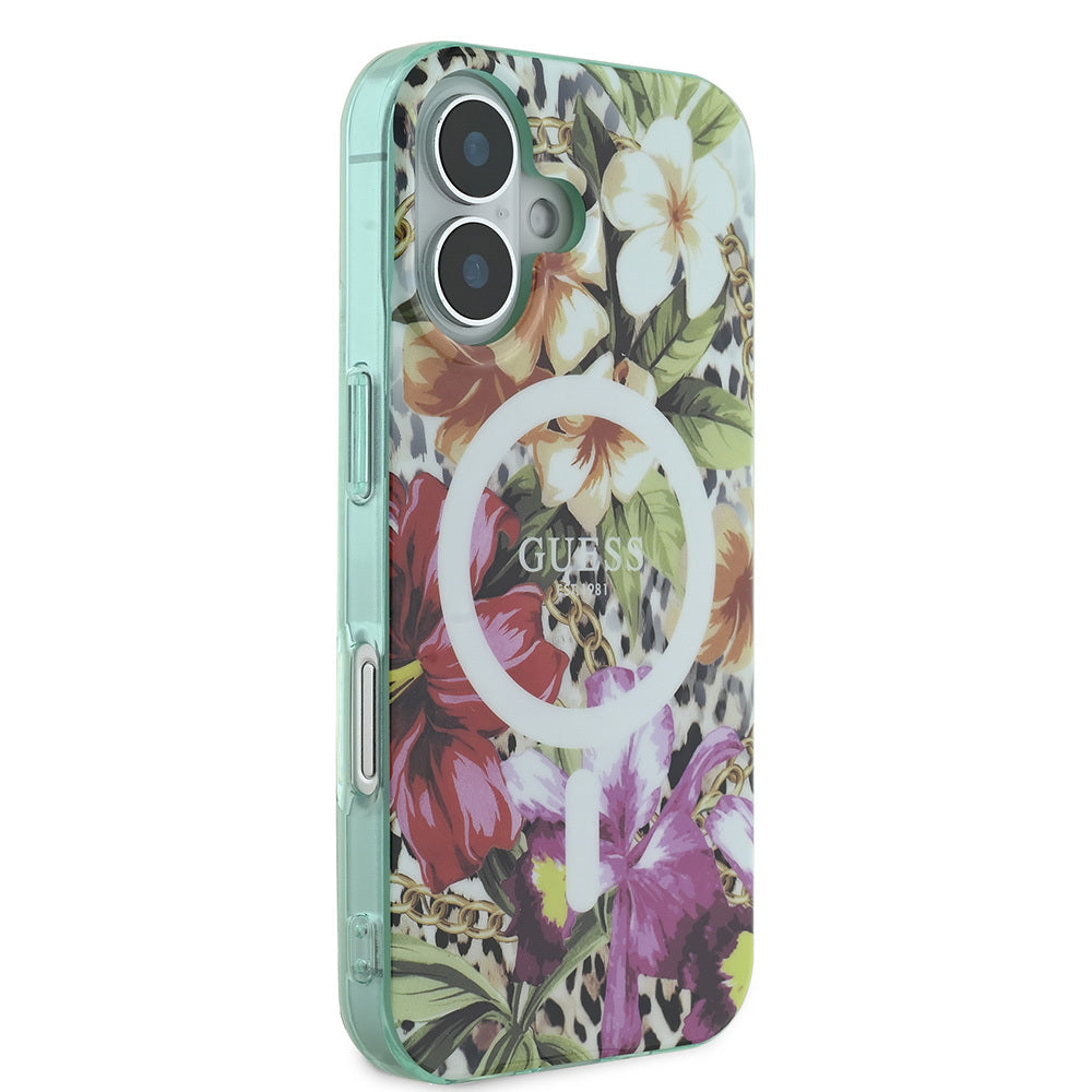 Apple iPhone 16 Case Guess Original Licensed M-safe Charging Feature IML Printed Jungle Ring Cover Green
